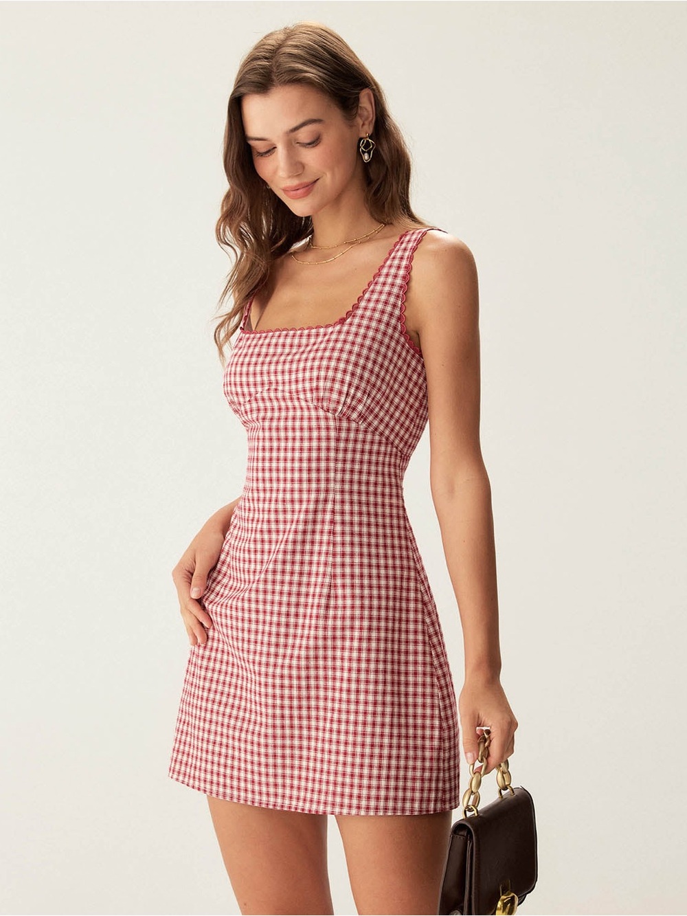 RIHOAS Red and White Gingham Mini Dress Feminine Romantic Picnic Dress Size M - Picture 4 of 6